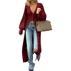 Saodimallsu Womens Long Cardigans V Neck Button Down Chunky Knit Dusters Sweater Coat Fall Trendy Maxi Sweater Dress(Burgundy)