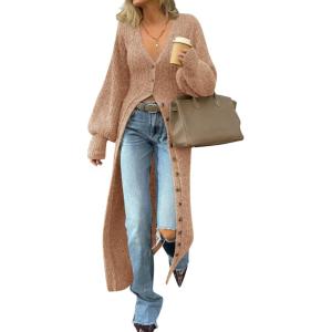 Saodimallsu Womens Long Cardigans V Neck Button Down Chunky Knit Dusters Sweater Coat Fall Trendy Maxi Sweater Dress(Camel)