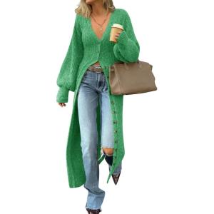 Saodimallsu Womens Long Cardigans V Neck Button Down Chunky Knit Dusters Sweater Coat Fall Trendy Maxi Sweater Dress(Green)