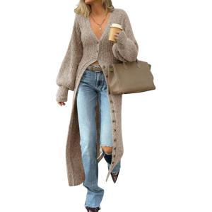 Saodimallsu Womens Long Cardigans V Neck Button Down Chunky Knit Dusters Sweater Coat Fall Trendy Maxi Sweater Dress(Khaki)