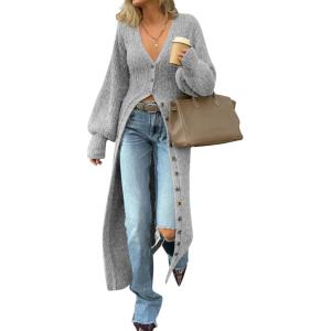 Saodimallsu Womens Long Cardigans V Neck Button Down Chunky Knit Dusters Sweater Coat Fall Trendy Maxi Sweater Dress(Light Gray)