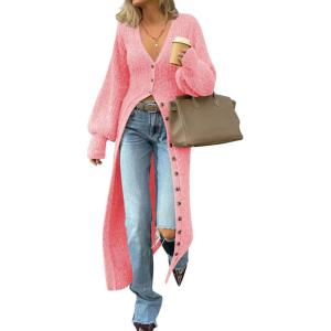 Saodimallsu Womens Long Cardigans V Neck Button Down Chunky Knit Dusters Sweater Coat Fall Trendy Maxi Sweater Dress(Pink)