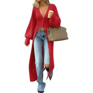 Saodimallsu Womens Long Cardigans V Neck Button Down Chunky Knit Dusters Sweater Coat Fall Trendy Maxi Sweater Dress(Red)