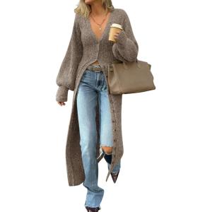 Saodimallsu Womens Long Cardigans V Neck Button Down Chunky Knit Dusters Sweater Coat Fall Trendy Maxi Sweater Dress(Tawny)