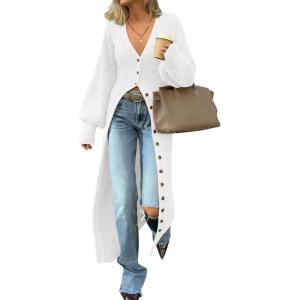 Saodimallsu Womens Long Cardigans V Neck Button Down Chunky Knit Dusters Sweater Coat Fall Trendy Maxi Sweater Dress(White)