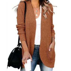 Saodimallsu Womens Loose Open Front Cardigan Long Sleeve Casual Lightweight Soft Knit Sweaters Coat with Pockets(Brick Red)