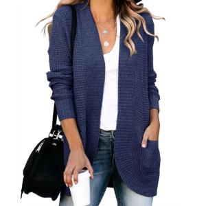 Saodimallsu Womens Loose Open Front Cardigan Long Sleeve Casual Lightweight Soft Knit Sweaters Coat with Pockets(Navy)