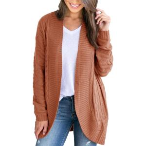 Saodimallsu Womens Loose Open Front Cardigan Long Sleeve Casual Lightweight Soft Knit Sweaters Coat with Pockets(Z Cable Brick Red)