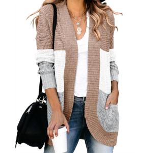 Saodimallsu Womens Loose Open Front Cardigan Long Sleeve Casual Lightweight Soft Knit Sweaters Coat with Pockets(Z Colorblock Khaki)