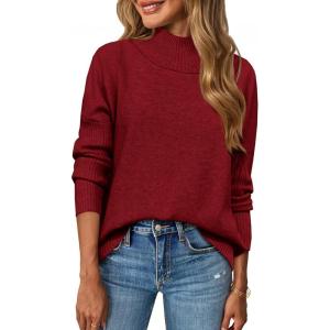 Saodimallsu Womens Mock Neck Sweater Tops Fall Long Sleeve Loose Casual Soft Knit Batwing Pullover Sweaters(Burgundy)
