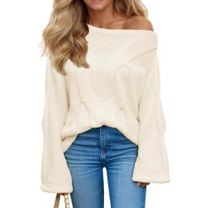 Saodimallsu Womens Off One Shoulder Sweaters Boat Neck Cable Knit Long Lantern Sleeve Loose Fall Trendy Pullover Tops(Beige)