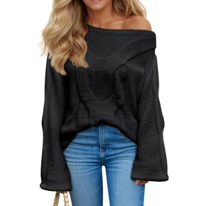 Saodimallsu Womens Off One Shoulder Sweaters Boat Neck Cable Knit Long Lantern Sleeve Loose Fall Trendy Pullover Tops(Black)