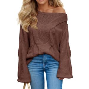 Saodimallsu Womens Off One Shoulder Sweaters Boat Neck Cable Knit Long Lantern Sleeve Loose Fall Trendy Pullover Tops(Coffee)