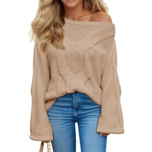 Saodimallsu Womens Off One Shoulder Sweaters Boat Neck Cable Knit Long Lantern Sleeve Loose Fall Trendy Pullover Tops(Khaki)