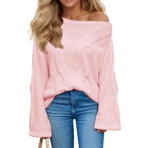 Saodimallsu Womens Off One Shoulder Sweaters Boat Neck Cable Knit Long Lantern Sleeve Loose Fall Trendy Pullover Tops(Pink)