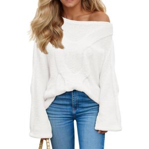 Saodimallsu Womens Off One Shoulder Sweaters Boat Neck Cable Knit Long Lantern Sleeve Loose Fall Trendy Pullover Tops(White)