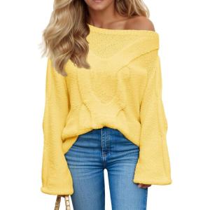 Saodimallsu Womens Off One Shoulder Sweaters Boat Neck Cable Knit Long Lantern Sleeve Loose Fall Trendy Pullover Tops(Yellow)