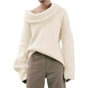 Saodimallsu Womens Off The Shoulder Sweater Top Oversized Fall Batwing Boat Neck Knit Sexy Casual Pullover(Beige)