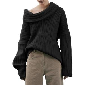 Saodimallsu Womens Off The Shoulder Sweater Top Oversized Fall Batwing Boat Neck Knit Sexy Casual Pullover(Black)