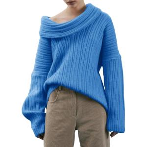 Saodimallsu Womens Off The Shoulder Sweater Top Oversized Fall Batwing Boat Neck Knit Sexy Casual Pullover(Blue)