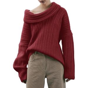 Saodimallsu Womens Off The Shoulder Sweater Top Oversized Fall Batwing Boat Neck Knit Sexy Casual Pullover(Burgundy)