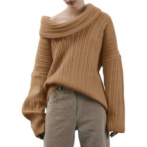Saodimallsu Womens Off The Shoulder Sweater Top Oversized Fall Batwing Boat Neck Knit Sexy Casual Pullover(Camel)