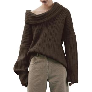 Saodimallsu Womens Off The Shoulder Sweater Top Oversized Fall Batwing Boat Neck Knit Sexy Casual Pullover(Coffee)
