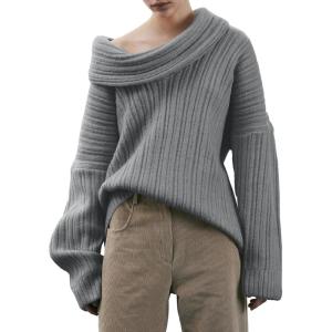 Saodimallsu Womens Off The Shoulder Sweater Top Oversized Fall Batwing Boat Neck Knit Sexy Casual Pullover(Grey)