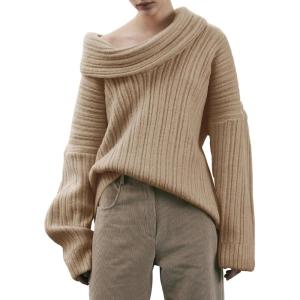 Saodimallsu Womens Off The Shoulder Sweater Top Oversized Fall Batwing Boat Neck Knit Sexy Casual Pullover(Khaki)