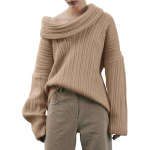 Saodimallsu Womens Off The Shoulder Sweater Top Oversized Fall Batwing Boat Neck Knit Sexy Casual Pullover(Light Brown)