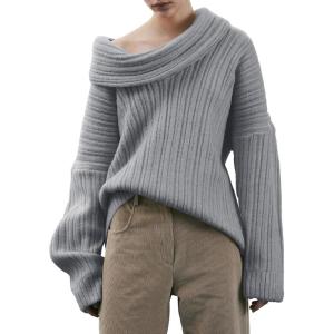Saodimallsu Womens Off The Shoulder Sweater Top Oversized Fall Batwing Boat Neck Knit Sexy Casual Pullover(Light Grey)