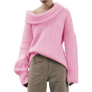 Saodimallsu Womens Off The Shoulder Sweater Top Oversized Fall Batwing Boat Neck Knit Sexy Casual Pullover(Pink)