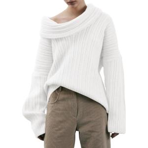 Saodimallsu Womens Off The Shoulder Sweater Top Oversized Fall Batwing Boat Neck Knit Sexy Casual Pullover(White)