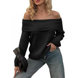 Saodimallsu Womens Off The Shoulder Sweaters Chunky Ribbed Knit Casual Long Sleeve Loose Fall Trendy Pullover Sweater(Black)