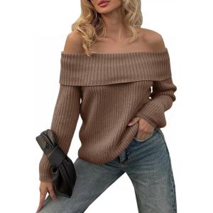 Saodimallsu Womens Off The Shoulder Sweaters Chunky Ribbed Knit Casual Long Sleeve Loose Fall Trendy Pullover Sweater(Brown)