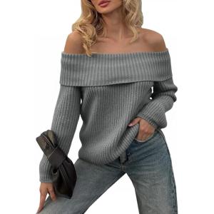 Saodimallsu Womens Off The Shoulder Sweaters Chunky Ribbed Knit Casual Long Sleeve Loose Fall Trendy Pullover Sweater(Gray)