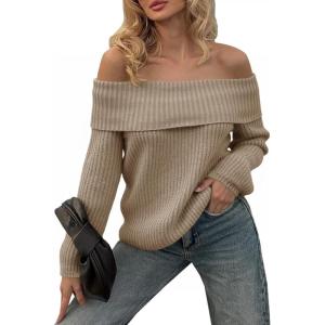 Saodimallsu Womens Off The Shoulder Sweaters Chunky Ribbed Knit Casual Long Sleeve Loose Fall Trendy Pullover Sweater(Khaki)