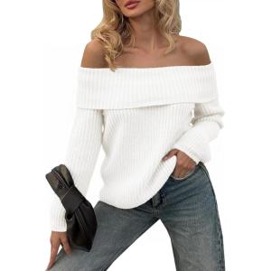 Saodimallsu Womens Off The Shoulder Sweaters Chunky Ribbed Knit Casual Long Sleeve Loose Fall Trendy Pullover Sweater(White)