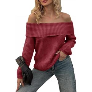 Saodimallsu Womens Off The Shoulder Sweaters Chunky Ribbed Knit Casual Long Sleeve Loose Fall Trendy Pullover Sweater(Wine Red)