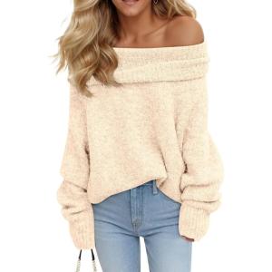 Saodimallsu Womens Off The Shoulder Sweaters Oversized Long Sleeve Loose Ribbed Knit Fall Trendy Pullover Tops(Beige)