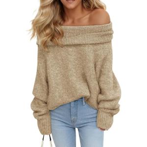 Saodimallsu Womens Off The Shoulder Sweaters Oversized Long Sleeve Loose Ribbed Knit Fall Trendy Pullover Tops(Khaki)
