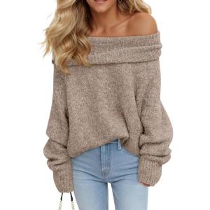 Saodimallsu Womens Off The Shoulder Sweaters Oversized Long Sleeve Loose Ribbed Knit Fall Trendy Pullover Tops(Light Khaki)