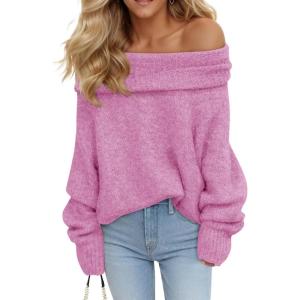 Saodimallsu Womens Off The Shoulder Sweaters Oversized Long Sleeve Loose Ribbed Knit Fall Trendy Pullover Tops(Pink)
