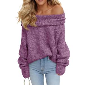 Saodimallsu Womens Off The Shoulder Sweaters Oversized Long Sleeve Loose Ribbed Knit Fall Trendy Pullover Tops(Purple)