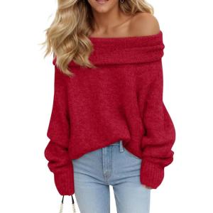 Saodimallsu Womens Off The Shoulder Sweaters Oversized Long Sleeve Loose Ribbed Knit Fall Trendy Pullover Tops(Red)