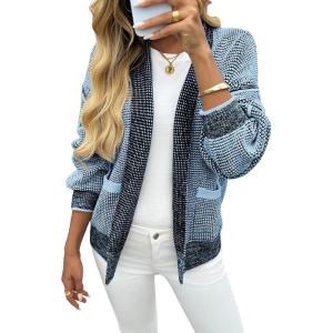 Saodimallsu Womens Open Front Cardigans Long Sleeve Waffle Knit Shawl Collared Fall Trendy Sweater Coats with Pockets(Blue)