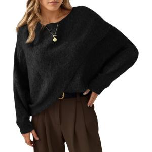 Saodimallsu Womens Oversized Batwing Sweaters Long Sleeve Crew Neck Poncho Slouchy Knit Asymmetrical Pullover Tops(Black)