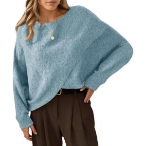 Saodimallsu Womens Oversized Batwing Sweaters Long Sleeve Crew Neck Poncho Slouchy Knit Asymmetrical Pullover Tops(Blue)