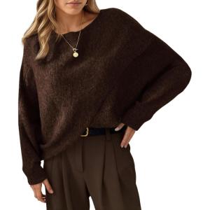 Saodimallsu Womens Oversized Batwing Sweaters Long Sleeve Crew Neck Poncho Slouchy Knit Asymmetrical Pullover Tops(Brown)
