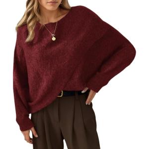 Saodimallsu Womens Oversized Batwing Sweaters Long Sleeve Crew Neck Poncho Slouchy Knit Asymmetrical Pullover Tops(Burgundy)
